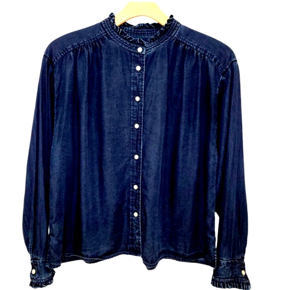 LOFT Chambray Ruffle Blouse Boho Cottagecore Relaxed Peasant Blue Top L Spring - Picture 4 of 13